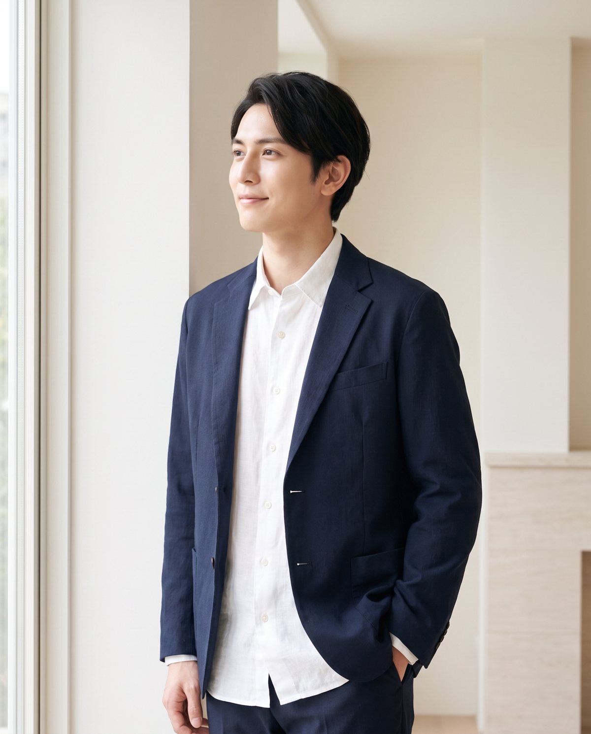 朝、窓辺に立つジャケット姿の男性