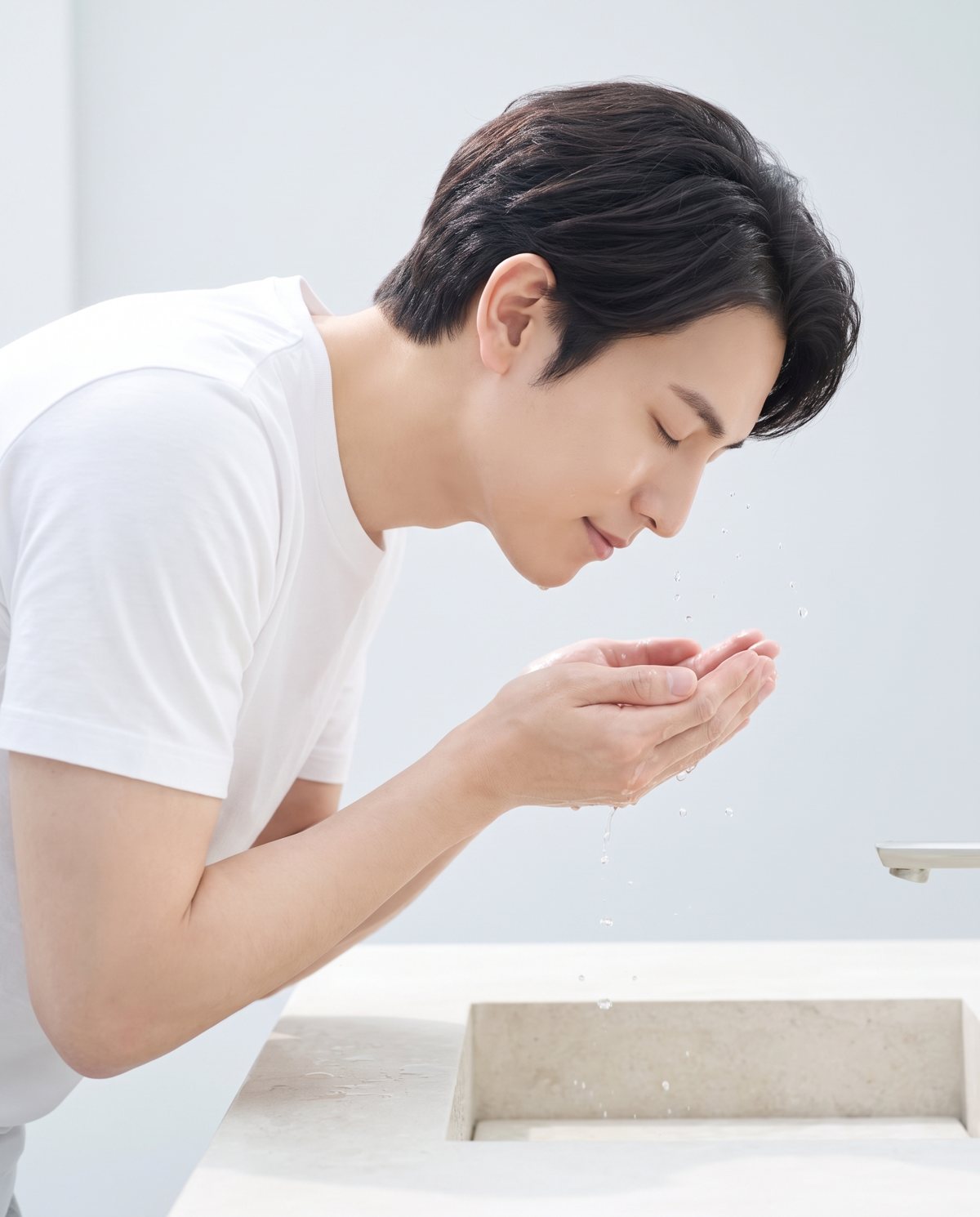 白いTシャツで顔をすすぐ男性