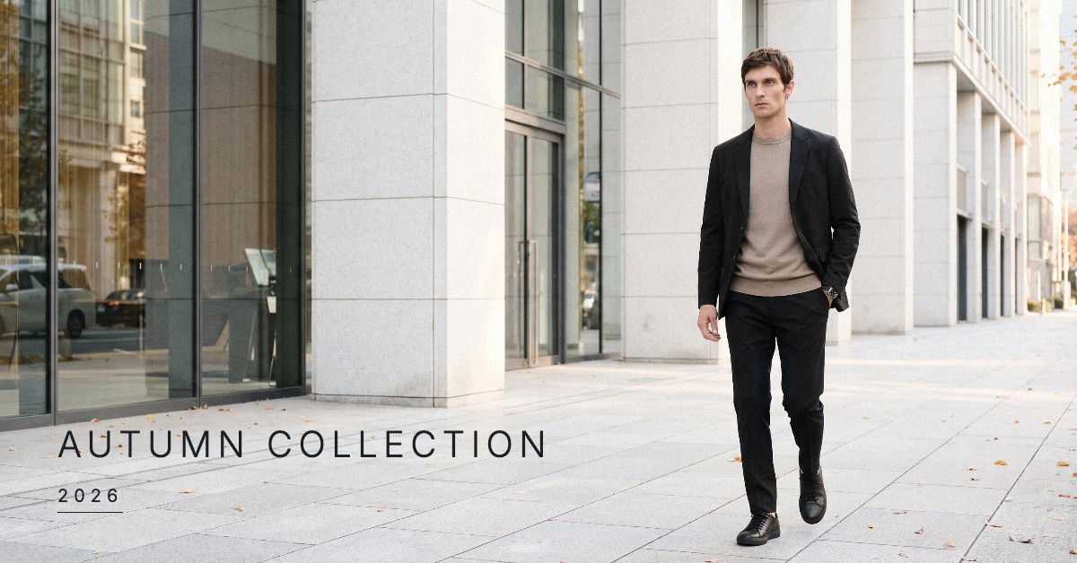 秋の服は、セットアップから。AUTUMN STYLING 2026。黒のCODEジャケットとCODEイージーパンツに、グレージュのCODEシルクニットを合わせて朝のオフィス街を歩く男性