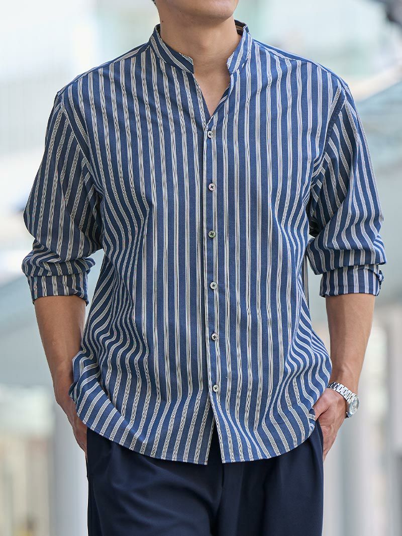 バンドカラースキッパーストライプシャツ